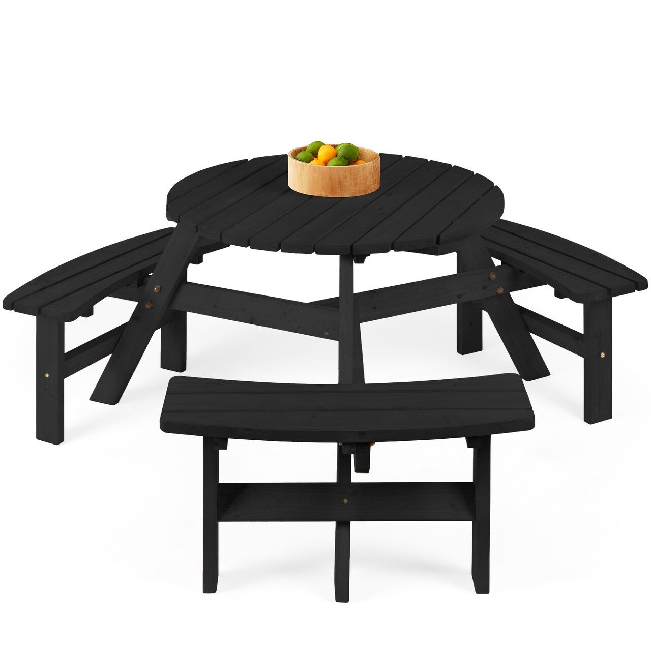 Best Choice Products 6-Person Circular Outdoor Wooden Picnic Table w/ 3 Built-In Benches, Umbrella Hole